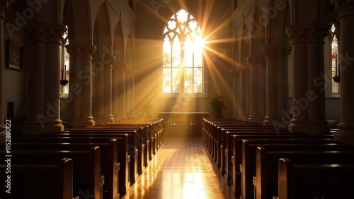 Sun rays shine through the window inside an empty church. Chapel with benches and large windows. Concept of peace and tranquility and faith. Feeling of presence of god and holy spirit. Divinity
