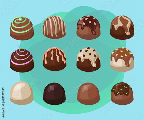 Chocolate sweets with frosting or glaze vector illustrations set. Cartoon drawings of candies, tasty snack made from white, dark, milk chocolate on abstract background. Desserts, confectionary concept