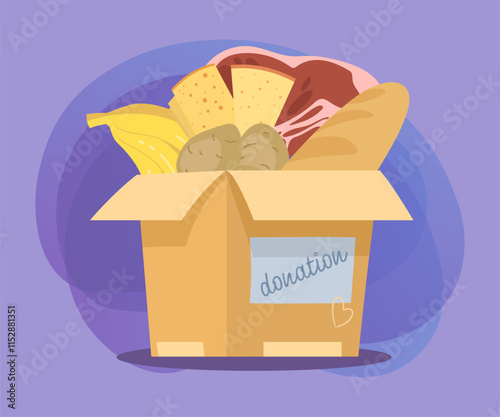 Cardboard box with food and donation label vector illustration. Cartoon drawing of groceries inside box, humanitarian aid isolated on abstract background. Food, charity, support concept