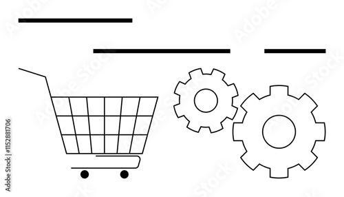 Shopping cart with wheels next to two gears, indicating relationship between commerce and technology. Ideal for e-commerce, technology integration, online shopping, retail systems, automation, supply
