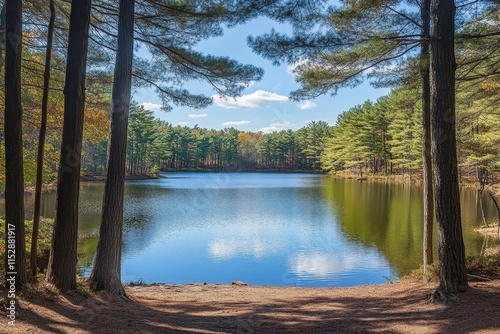 Calm autumn lake viewed through trees.