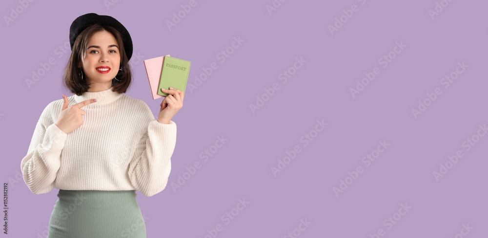 Portrait of pretty young woman pointing at passports on lilac background with space for text. Travel concept Portrait of pretty young woman pointing at passports on lilac background with space for text. Travel concept
