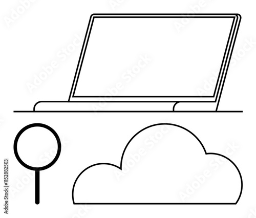 Laptop positioned above a large cloud shape, magnifying glass icon beside them. Ideal for technology, data storage, cloud services, research, IT solutions, online education, marketing materials