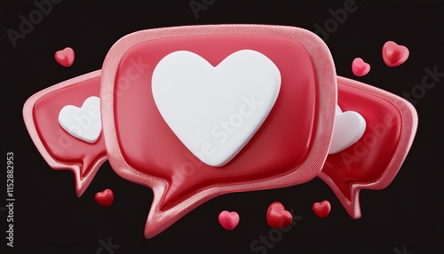 Colorful speech bubbles with hearts, symbolizing love and communication, set against a dark background.