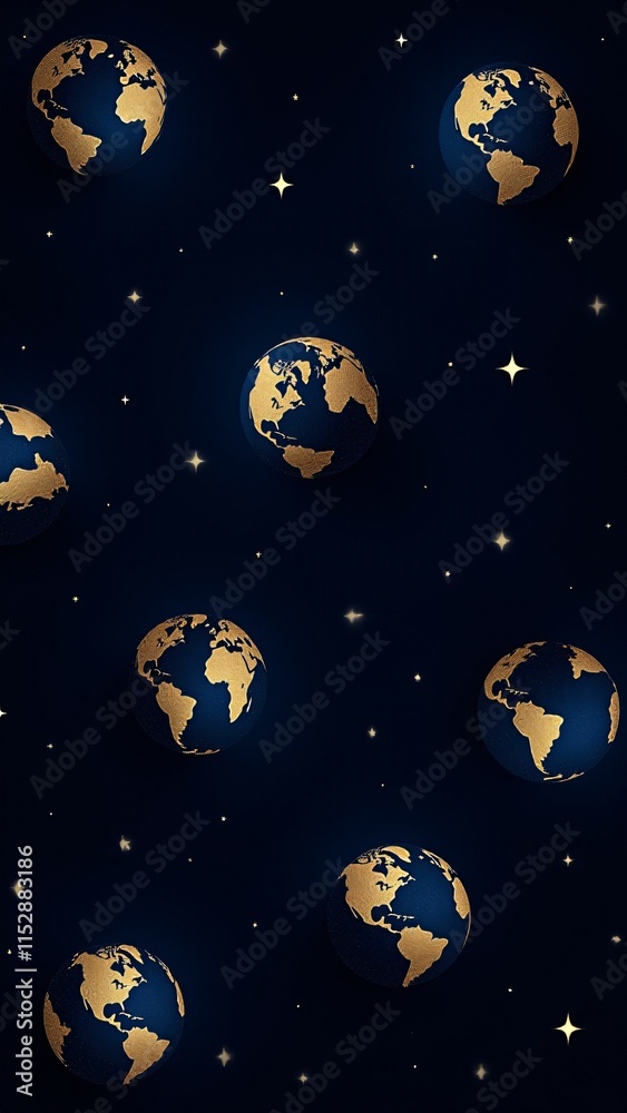 Naklejka premium Globos terráqueos en dorado sobre fondo azul marino, detalles metálicos y estrellas sutiles. Elegante diseño perfecto para papelería premium y proyectos de Earth Day.