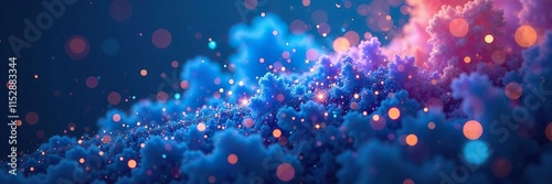 Abstract blue cloud of glittering confetti fragments, boke smoke background, colorful