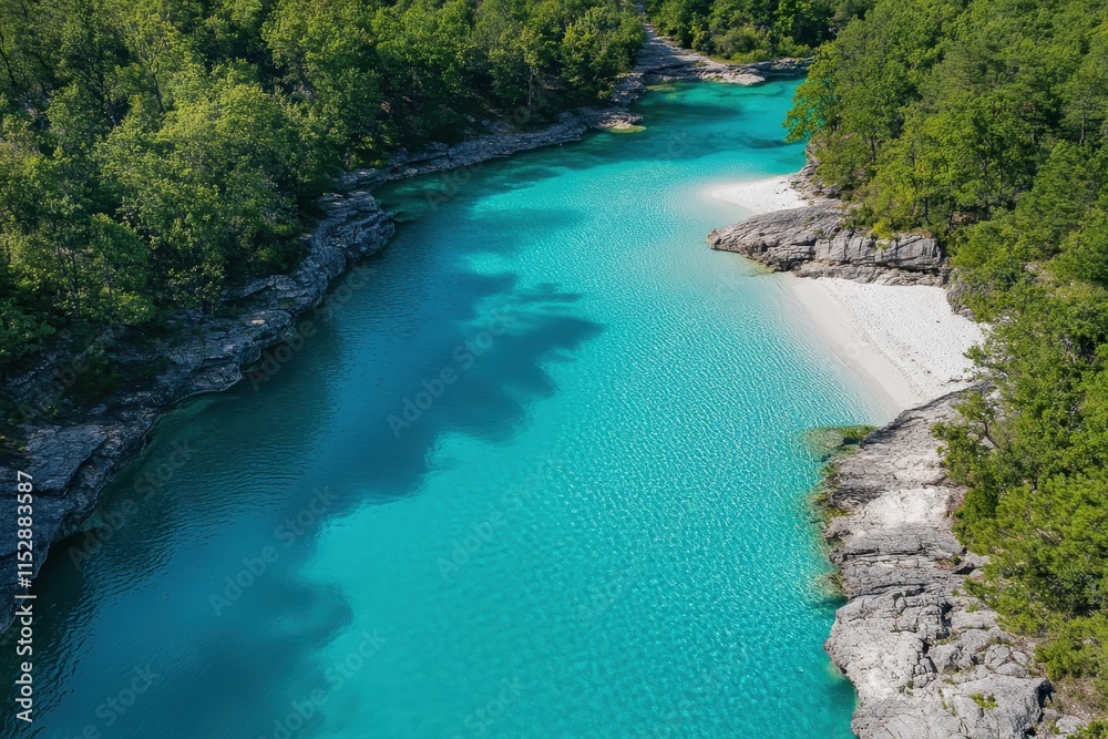 Aerial view of turquoise river flowing through lush green forest, meeting a secluded white sand beach. Aerial view of turquoise river flowing through lush green forest, meeting a secluded white sand beach.