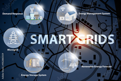 Smart grid text and icons on natural background.technologies for building smart grids concept. Vector infographic illustration.
