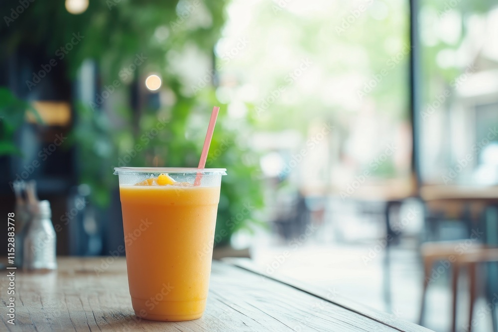Refreshing orange smoothie in plastic cup on cafe table. Refreshing orange smoothie in plastic cup on cafe table.