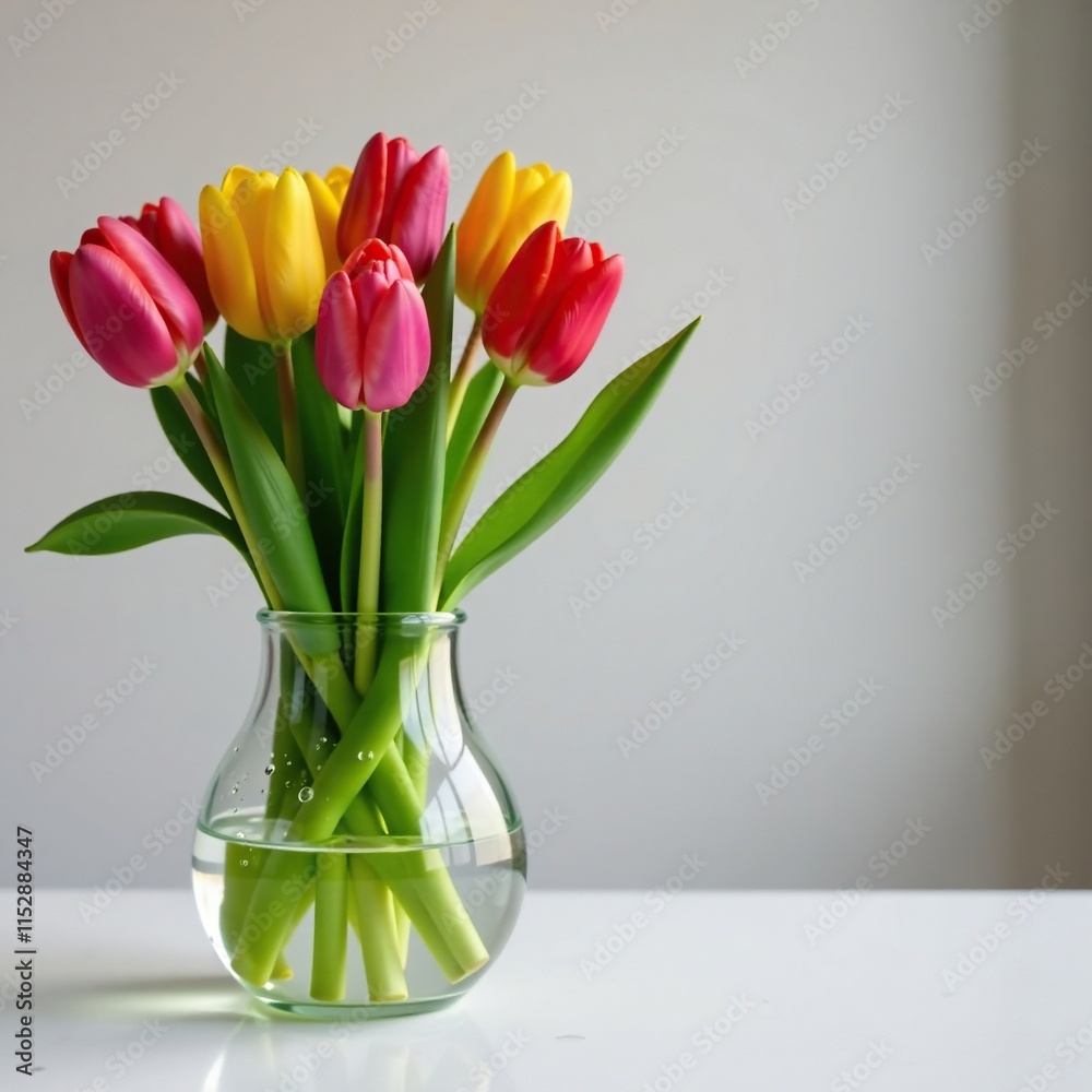 Tulips in a glass vase with water droplets on the outside, glass, droplet Tulips in a glass vase with water droplets on the outside, glass, droplet