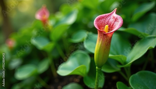 Tropically positioned Nepenthes plant in a garden, greenery, bloom, foliage photo