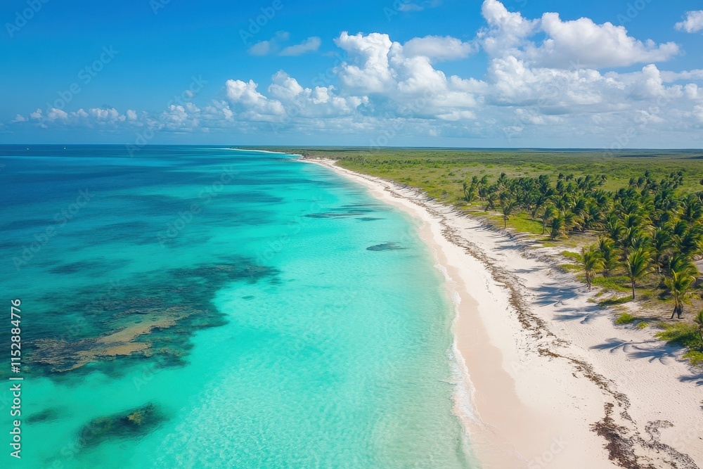 Aerial view of pristine beach, turquoise water, palm trees, and white sand. Aerial view of pristine beach, turquoise water, palm trees, and white sand.
