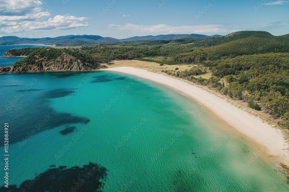 Aerial view of secluded beach with turquoise water and green hills. (1) Aerial view of secluded beach with turquoise water and green hills. (1)