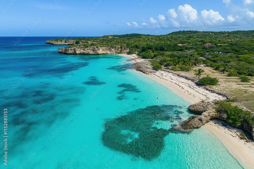 Aerial view of a pristine beach with turquoise water, white sand, and lush green vegetation. Aerial view of a pristine beach with turquoise water, white sand, and lush green vegetation.
