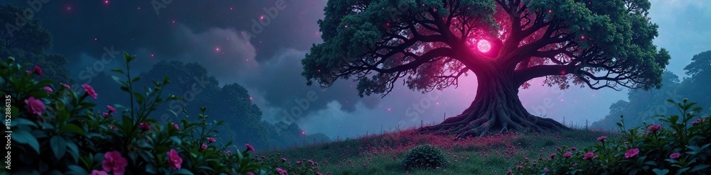 Gentle pink glow emanating from an ancient tree, overgrown, mystical Gentle pink glow emanating from an ancient tree, overgrown, mystical