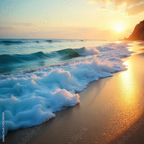 sunset over the sea, Crashing waves on a sandy beach with a bright blue ocean in the background, Close-up of the sea waves photo