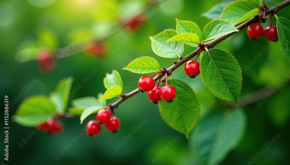 Prunus spinosa berry vine with berries and leaves, greenery, nature, deciduous