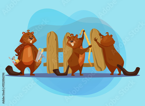 Cute comic beavers building fence vector illustration. Cartoon drawing of wild animal characters with wooden planks and tape measure on abstract background. Wildlife, nature concept