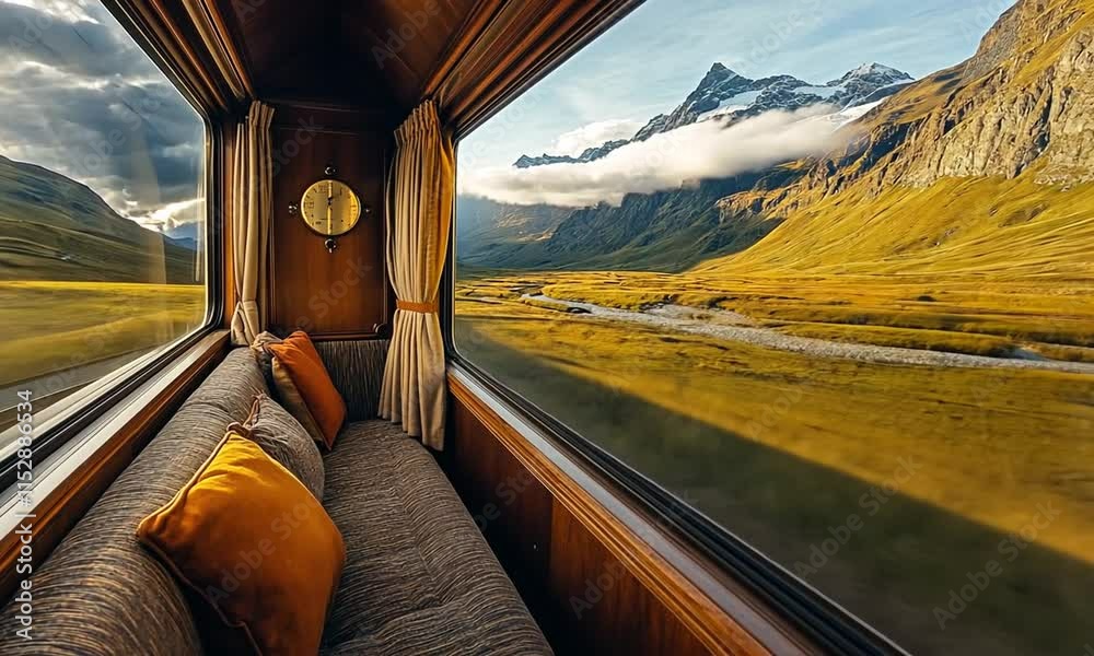 Scenic view from a cozy train interior, showcasing mountains and lush landscapes.