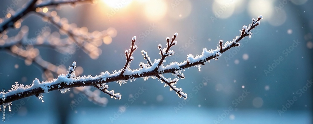 Frozen crystals of ice cling tightly to bare tree branches in frosty morning mist, winter branch, frosty atmosphere Frozen crystals of ice cling tightly to bare tree branches in frosty morning mist, winter branch, frosty atmosphere