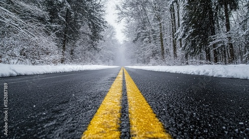 A winding, snow-covered road stretches into the distance,