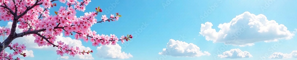 Blooming tree against blue sky with fluffy white clouds, blossom, spring Blooming tree against blue sky with fluffy white clouds, blossom, spring