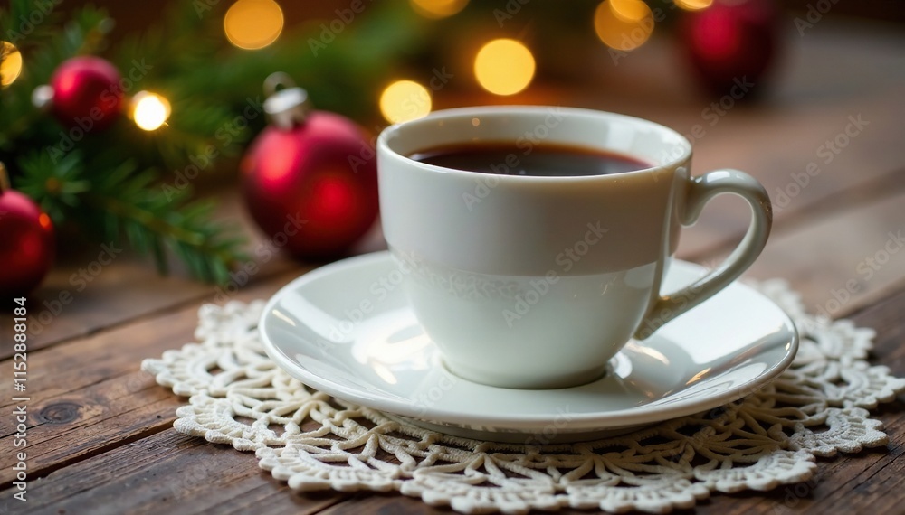 A delicate lace doily cradles the cup, adding an intricate touch to the festive arrangement, cozy, tablecloth, seasonal decorations A delicate lace doily cradles the cup, adding an intricate touch to the festive arrangement, cozy, tablecloth, seasonal decorations
