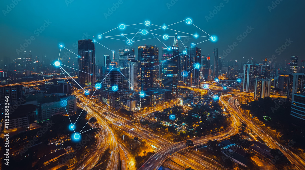 Obraz premium Smart digital city with connection cyber security network reciprocity over the cityscape . future smart wireless digital city and social media networking systems that connects people within the city