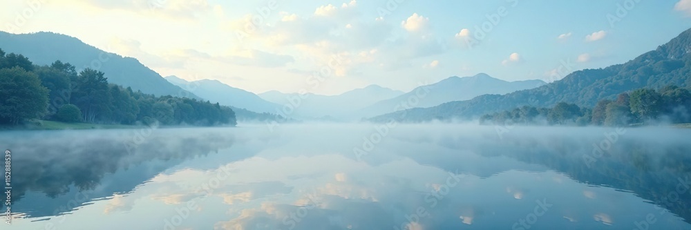 Misty morning with soft light blue clouds drifting across a serene lake, lake, peaceful Misty morning with soft light blue clouds drifting across a serene lake, lake, peaceful