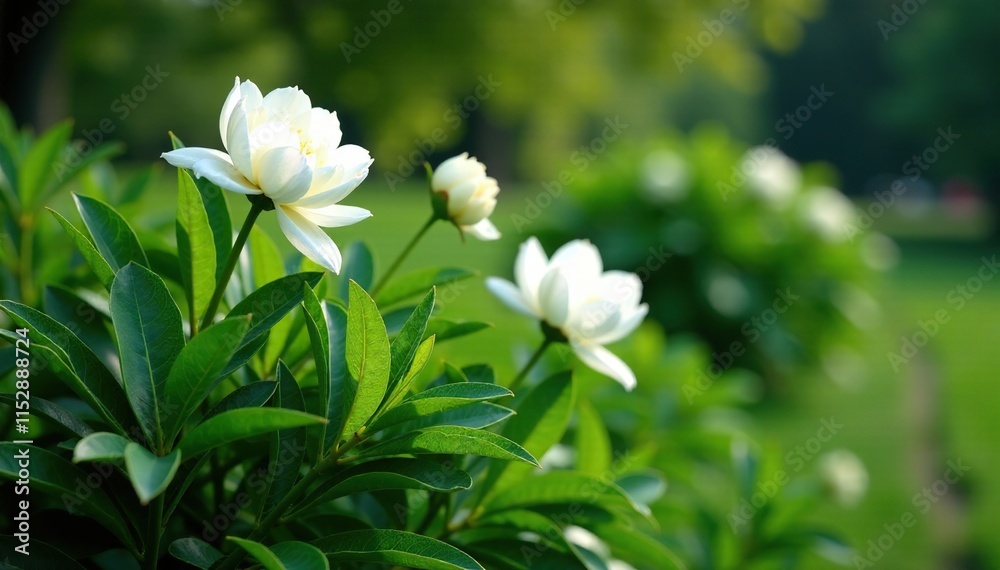 lush green foliage emerging from base of tall white peony bush, flowering bush, nature photography, tall perennial lush green foliage emerging from base of tall white peony bush, flowering bush, nature photography, tall perennial