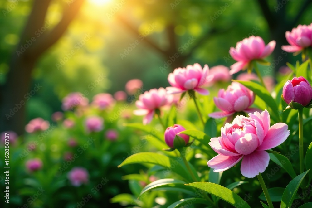 Obraz premium Late spring afternoon sunlight filters through the lush green foliage of a garden where pink peonies are in full bloom, sunlight, peonies, foliage