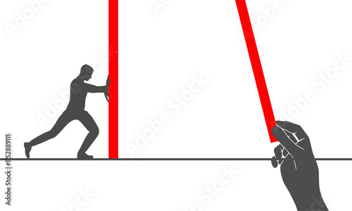 Businessman pushing abstract red line. Hard work. Struggle and strain. Business and politic concept