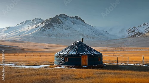 A lone yurt stands in a vast, snowy mountain landscape.