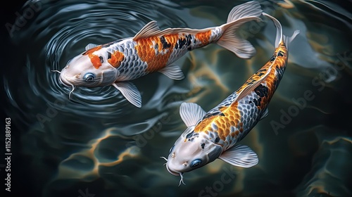 Three koi fish are depicted in a triptych format against a gradient background.