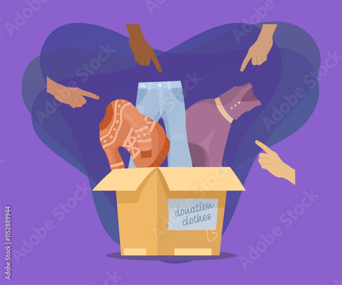 Hands of people pointing at donation box vector illustration. Cartoon drawing of donation clothes, jumper, dress, jeans on purple background. Charity, fashion, support concept