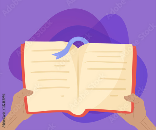 Hands holding open book with bookmark vector illustration. Cartoon drawing of person or student with textbook or manual on purple background. Information, literature, education concept