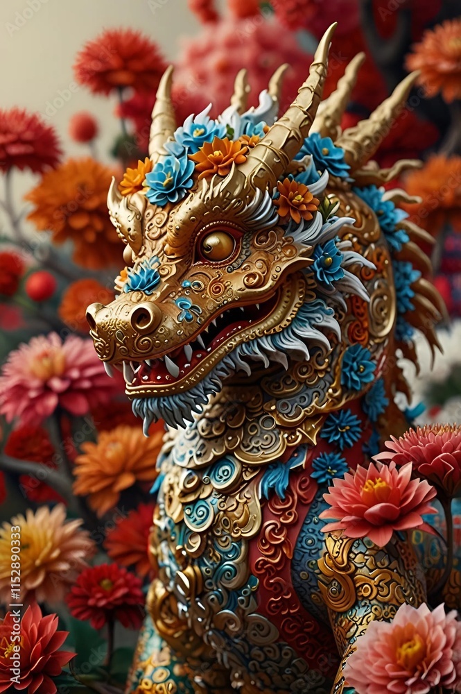 Fototapeta premium Lunar new year dragon, his scales are made of many small flowers. More flowers.