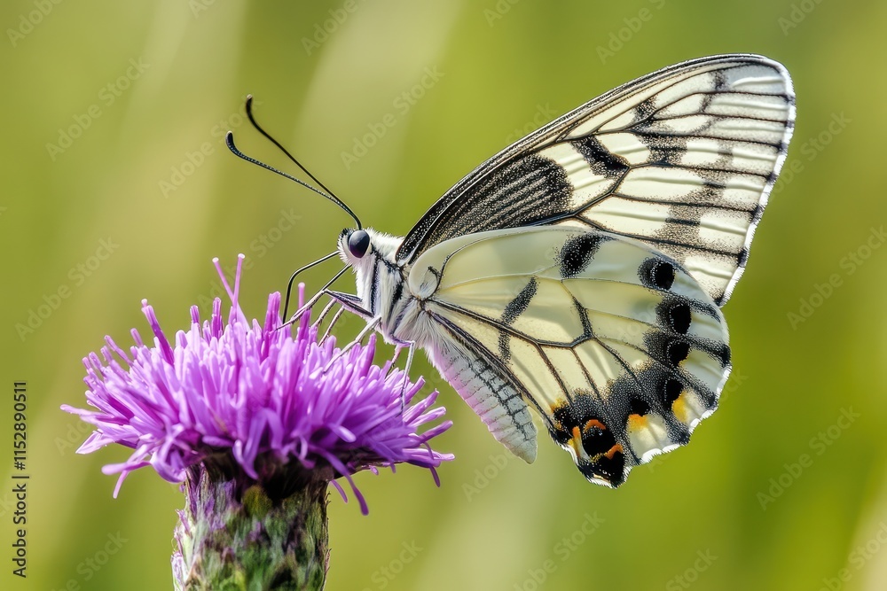 A butterfly with striking black and white patterns perched gently on a vibrant purple flower. Each intricate detail captured in full HD resolution. A butterfly with striking black and white patterns perched gently on a vibrant purple flower. Each intricate detail captured in full HD resolution.