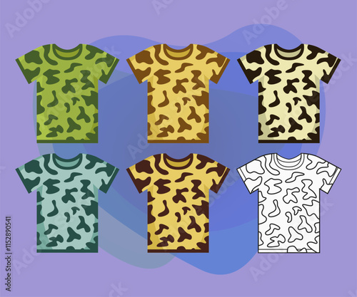 Military T-shirts of different colors vector illustrations set. Collection of cartoon drawings of clothing or shirts for army on abstract background. Fashion, military concept