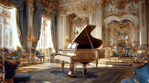 An opulent interior of a grand room featuring ornate, gold detailing on the walls and ceiling.
