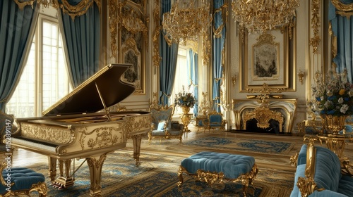 An opulent interior of a grand room featuring ornate, gold detailing on the walls and ceiling.