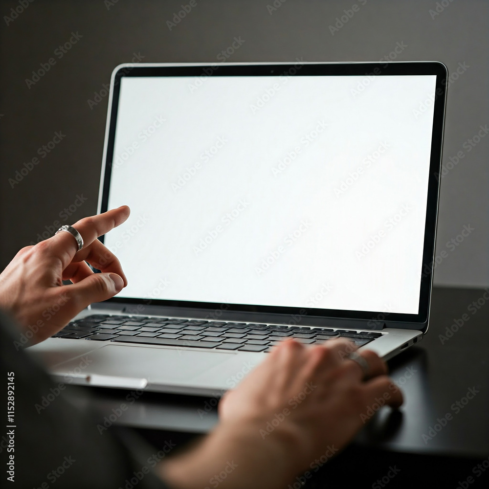Close up of person hands and laptop with blank screen. Mock-up of computer monitor. design ready template. Close up of person hands and laptop with blank screen. Mock-up of computer monitor. design ready template.