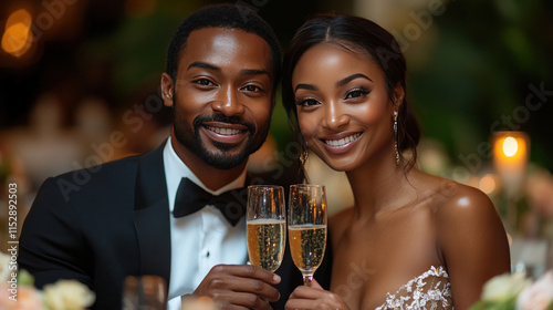 A couple celebrating their engagement with a champagne toast at an elegant dinner photo