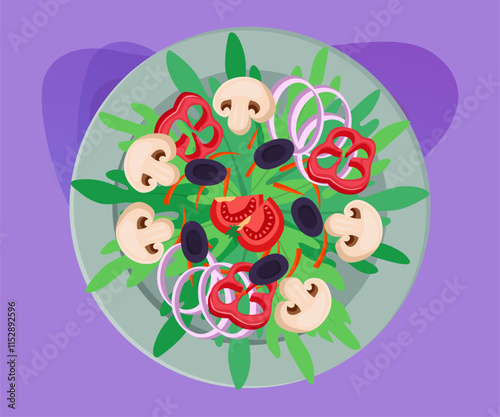 Top view of vegetable salad vector illustration. Cartoon drawing of plate with greens, mushrooms, tomatoes, onions, olives, pepper on purple background. Cooking, healthy eating, food concept