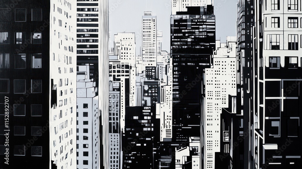 Obraz premium A monochromatic cityscape featuring tall buildings and urban architecture.