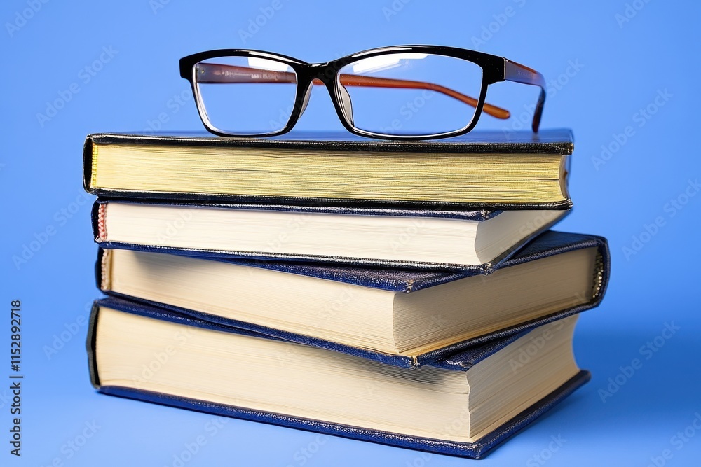Eyeglasses resting on a stack of books against a blue background. Eyeglasses resting on a stack of books against a blue background.