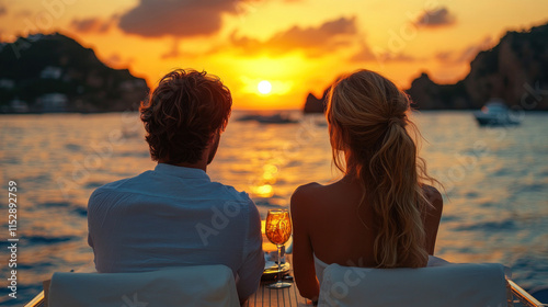 Fototapeta Naklejka Na Ścianę i Meble -  A couple enjoying their platinum anniversary with a sunset dinner cruise on a yacht
