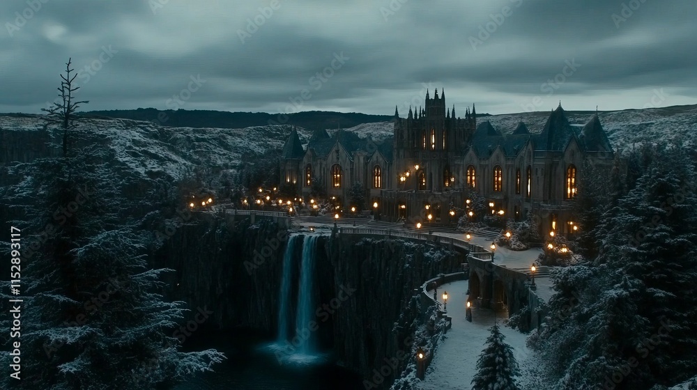 Naklejka premium Enchanting Castle by Waterfall, Winter Night Scene