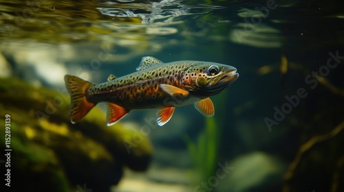 A brown trout swimming underwater, surrounded by clear blue water with bubbles rising to the surface.