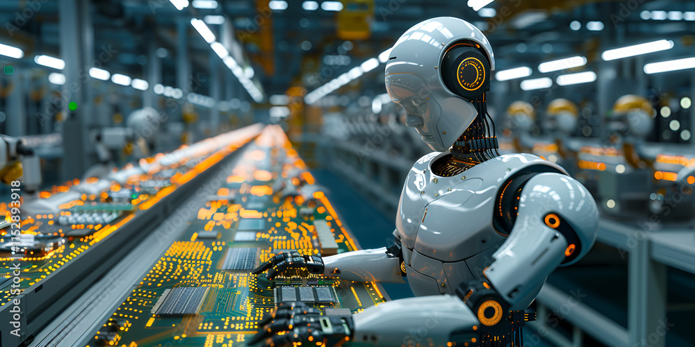 Fototapeta premium Humanoid robot working on electronics in a smart factory, High-tech automation in the electronics industry